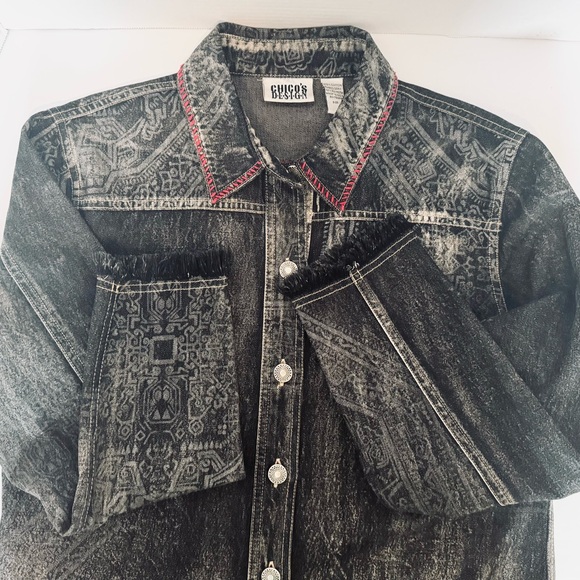 Chico’s Women's Faded Black Embroidered Designed Jean Denim Jacket Size 1 Medium - Picture 15 of 16